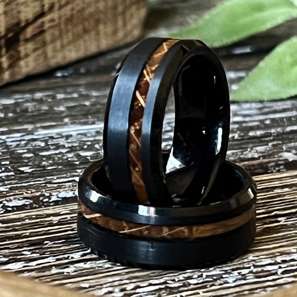 THE SMOKE: Whiskey Barrel Black Bevelled Tungsten Wedding Band Ring Offset Inlay