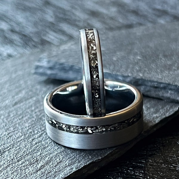 The THOR: Meteorite Silver Tungsten Ring Smooth polished wedding band