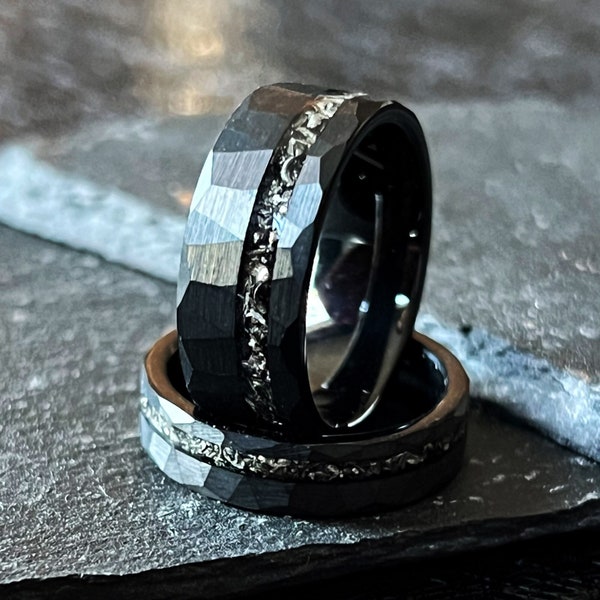 Black Meteorite: Hammered Tungsten Facet Wedding Band Ring