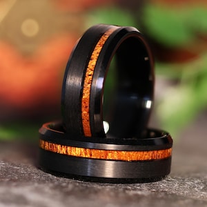 The MAUI Koa: Hawaiian Koa Bevelled Black Tungsten Wedding Band Wood Ring