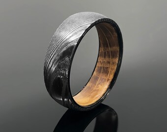 Damascus Whisky Barrel Steel Ring Wood Wedding Band