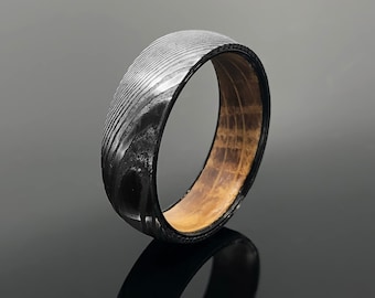 THE KING: Whiskey Barrel & Damascus Steel Wedding Ring Band