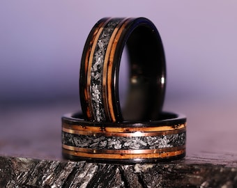 Meteorite Whiskey Barrel Wood Ring: 18k Rose Gold Tungsten Band