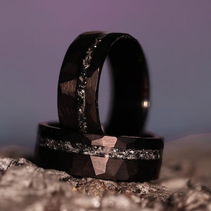 Rocky Meteorite: Black Hammered Tungsten Black Offset Wedding Band Ring