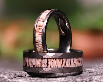 Hammered Antler Gunmetal Tungsten Wedding Band with Elk Antler Ring Inlay