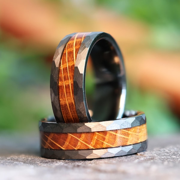 Hammered Whiskey Barrel Gunmetal Tungsten Wood Ring Wedding Band with White Oak Inlay