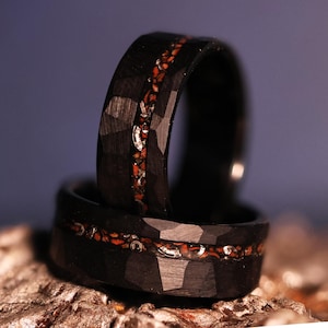 The Raptor: Meteorite & Dinosaur Bone Hammered Black Tungsten Offset Wedding Band Ring