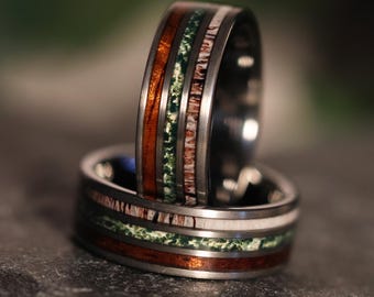 Moss Agate | Hawaiian Koa | Elk Antler  |  Wood Wedding Ring Band