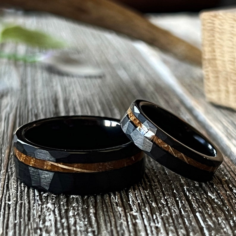 Mens Wedding Ring Whiskey Barrel wood Black Tungsten Band Hammered ring set his and hers anniversary gift