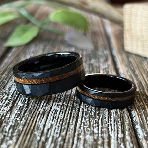 Mens Wedding Ring Whiskey Barrel wood Black Tungsten Band Hammered