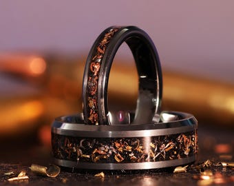 The Hero︱Bullet Shells Reclaimed into a brass, copper, steel gunmetal tungsten wedding ring
