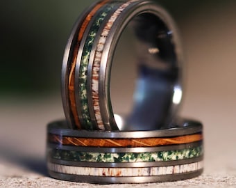モスアゲート×ウィスキー樽×エルクアントラー：ガンメタルタングステンウッド結婚指輪
