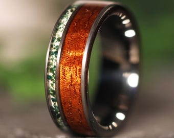 Koa Wood Moss Agate Tungsten Ring: Hawaiian Wedding Band