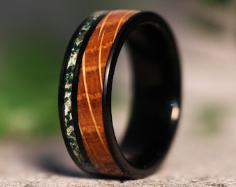 Whiskey Barrel︱Moss Agate︱Black Tungsten Wood Wedding Ring Band