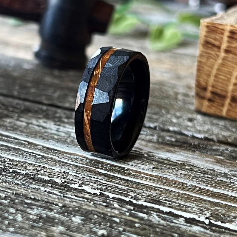 Mens Wedding Ring Whiskey Barrel wood Black Tungsten Band Hammered