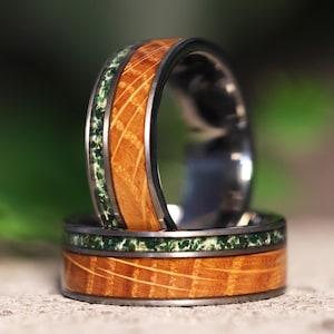 The Mossy Barrel: Whiskey Barrel x Moss Agate Gunmetal Tungsten Wood Wedding Ring Band