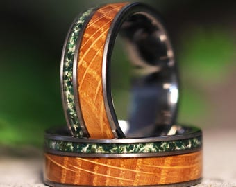The Mossy Barrel: Whiskey Barrel x Moss Agate Gunmetal Tungsten Wood Wedding Ring Band