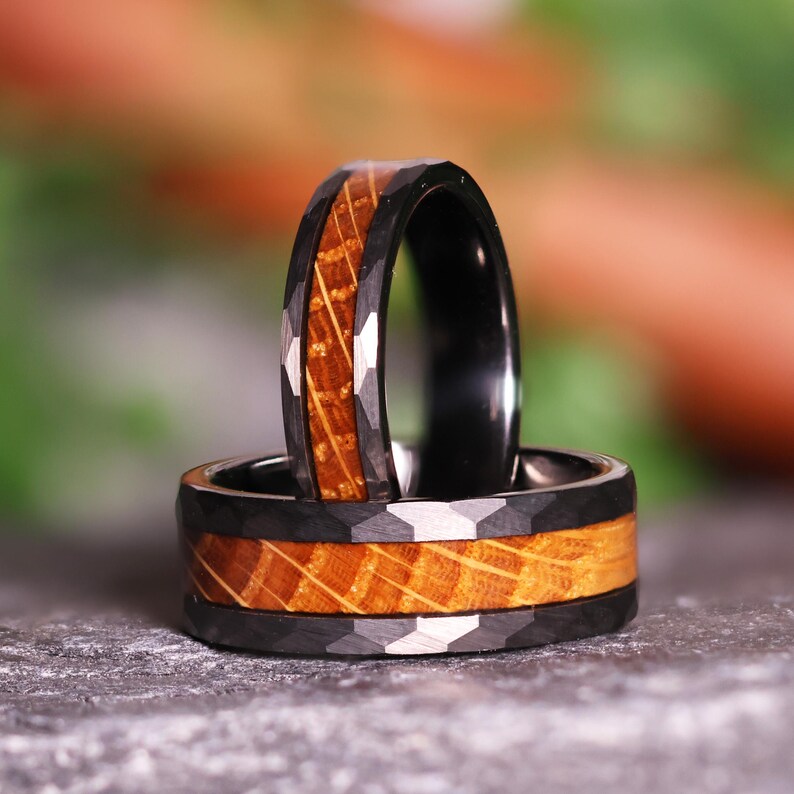 Hammered Whiskey Barrel Gunmetal Tungsten Wood Ring Wedding Band with White Oak Inlay image 5