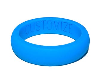 PERSONALIZED Name or Date! Sky Blue Women Silicone Ring! Custom Fitness Rubber Wedding Band!