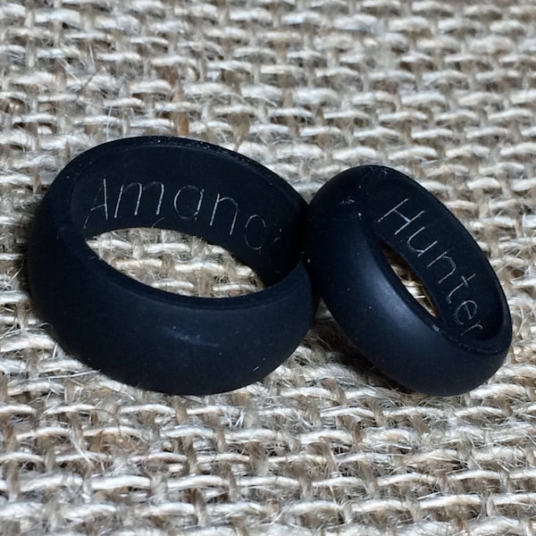 Pick 2! His & Hers Personalized Silicone Rings. Customized Engraved Wedding Bands