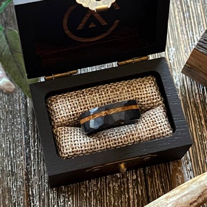 Mens Wedding Ring Whiskey Barrel Black Tungsten Band Hammered with wood ring box chest