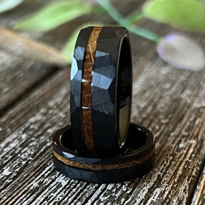 Mens Wedding Ring Whiskey Barrel Black Tungsten Band Hammered both thick and thin bands