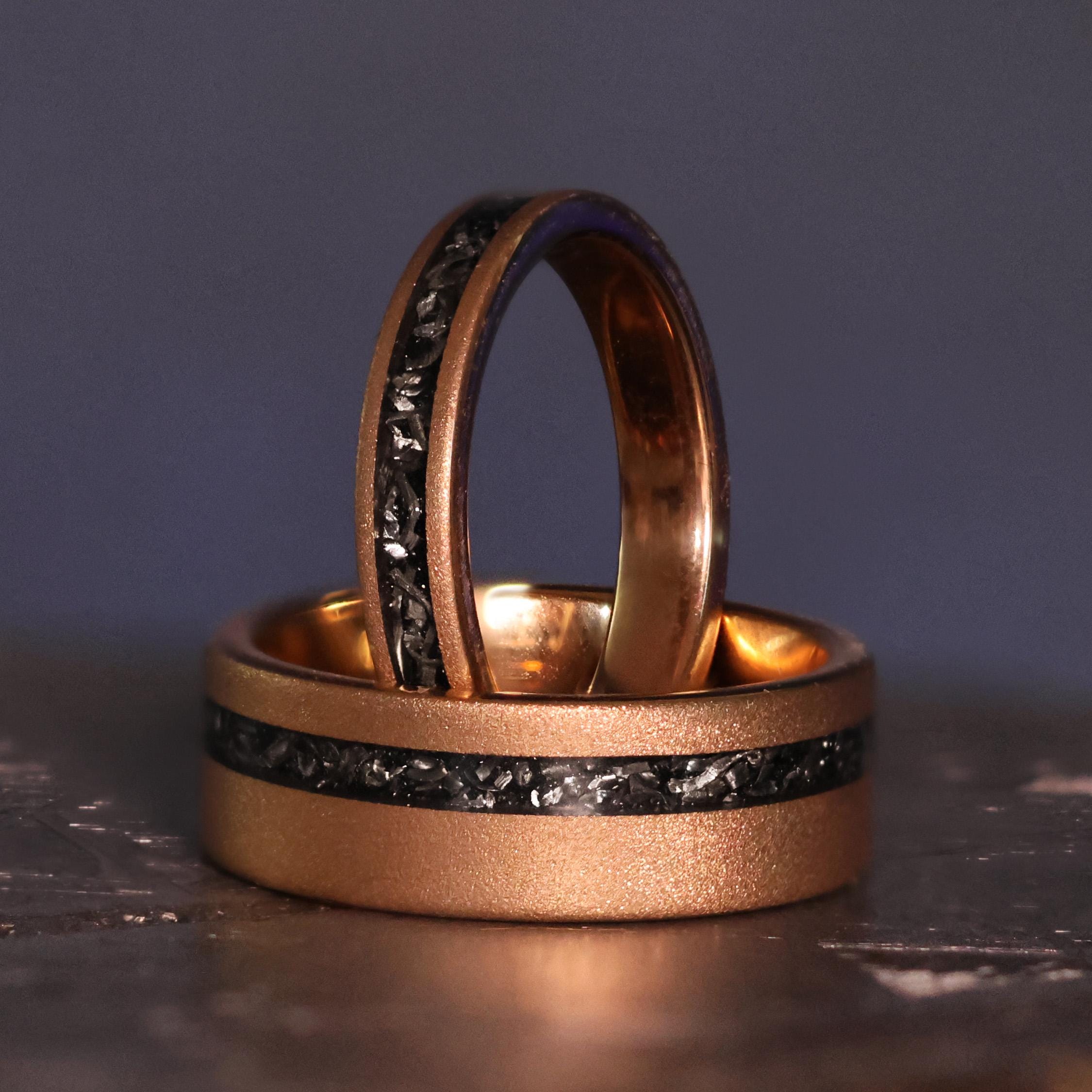 Paare Set | Rosengold Meteorit | 18k Wolfram sandgestrahlt