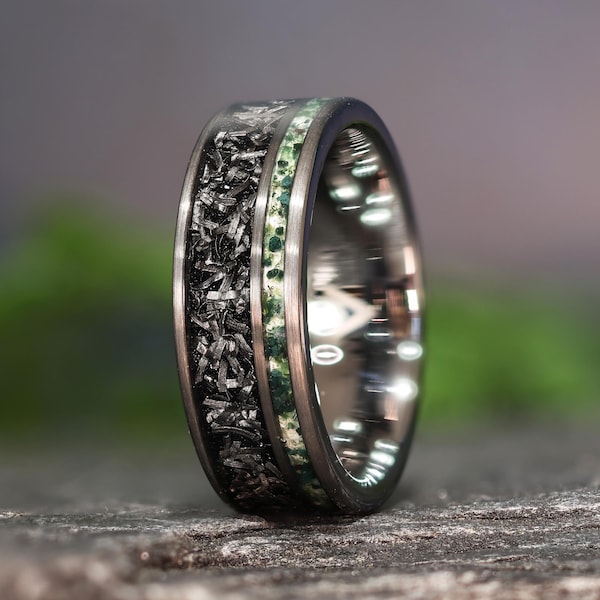 Anillo de boda de ágata musgosa con forma de meteorito espacial en banda de 8 mm