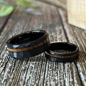 Couples set of whiskey barrel wood ring with black hammered tungsten band