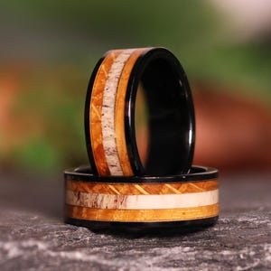 The Tipsy Elk: Whiskey Barrel Wood Deer Antler Ring Inlay Black Ceramic Wedding Band