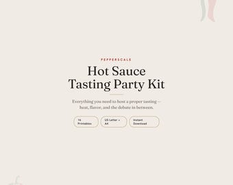 Kit para Festa de Degustação de Molho Apimentado (Imprimível): Inclui ficha de pontuação, cartão de referência, marcadores de mesa e download instantâneo.