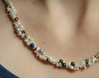 Freshwater pearls, silver, lapis, and colored freshwater pearls 2-strand necklace