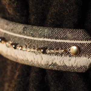 Hematite & glass beads on Linen/cotton fabric fringe selvage hair clip - Nickel finish rivets - 80 mm barrette hairclip handmade to last