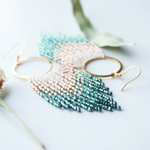 Milana | White, Champagne, and Teal Fringe Hoops | 14K Gold-Filled Earwires | Handwoven Slow-Made Boho Jewelry | Unique Gift for Her