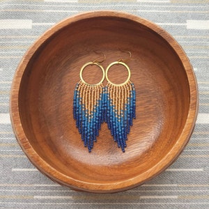 Origins | Blue & Gold Fringe Beaded Hoop Earrings | 14K Gold-Filled Earwires | Handwoven Slow-Made Boho Jewelry | Unique Gift for Her