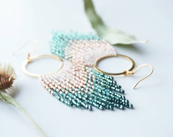 Milana | White, Champagne, and Teal Fringe Hoops | 14K Gold-Filled Earwires | Handwoven Slow-Made Boho Jewelry | Unique Gift for Her