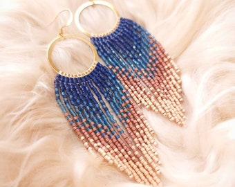 Montana | Blue to Champagne Ombre Fringe Hoops | 14K Gold-Filled Earwires | Handwoven Slow-Made Boho Jewelry | Unique Gift for Her