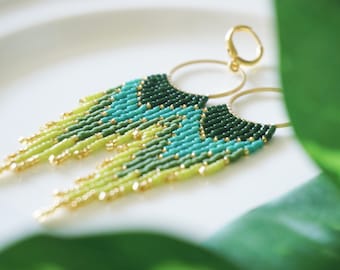 Vivian | Shades of Green Ombre Fringe Hoops | 14K Gold-Filled Earwires | Handwoven Slow-Made Boho Jewelry | Unique Gift for Her