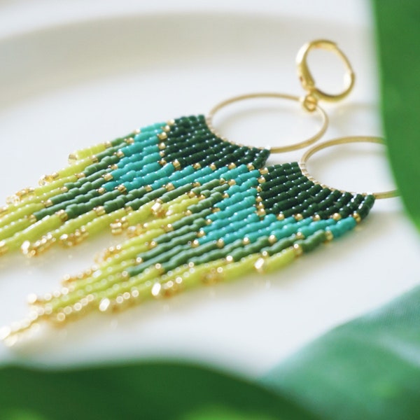 Vivian | Shades of Green Ombre Fringe Hoops | 14K Gold-Filled Earwires | Handwoven Slow-Made Boho Jewelry | Unique Gift for Her