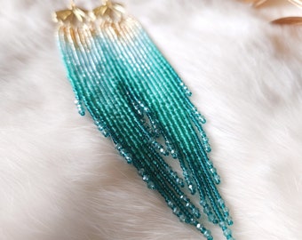 Atlantis | Extra-Long Teal & Gold Fringe Earrings | 14K Gold-Filled Earwires | Handwoven Slow-Made Boho Jewelry | Unique Gift for Her