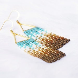 Evelyn Colorful Woven Geometrical Fringe Earrings 14K Gold-Filled Earwires Handwoven Slow-Made Boho Jewelry Unique Gift for Her Turq. Cream & Bronze