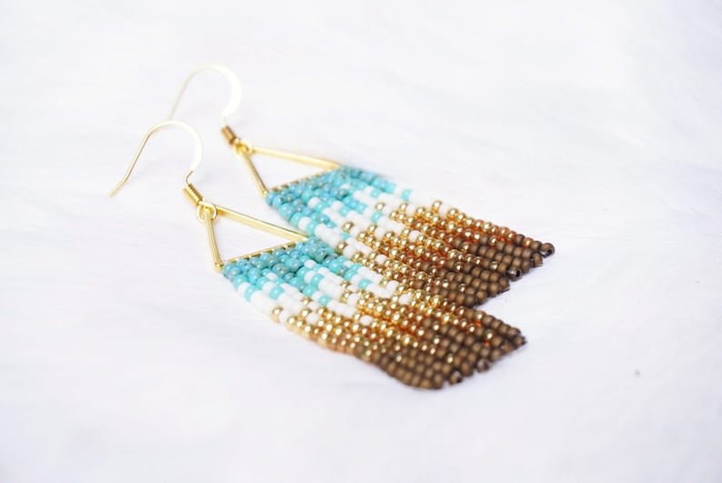 Evelyn Colorful Woven Geometrical Fringe Earrings 14K Gold-Filled Earwires Handwoven Slow-Made Boho Jewelry Unique Gift for Her Turq. Cream & Bronze