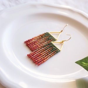 Evelyn Colorful Woven Geometrical Fringe Earrings 14K Gold-Filled Earwires Handwoven Slow-Made Boho Jewelry Unique Gift for Her Olive