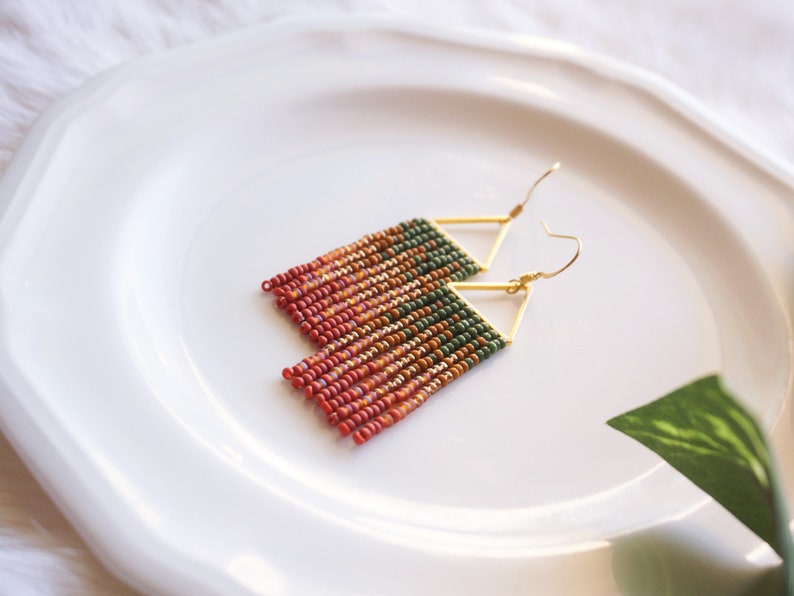 Evelyn Colorful Woven Geometrical Fringe Earrings 14K Gold-Filled Earwires Handwoven Slow-Made Boho Jewelry Unique Gift for Her Olive