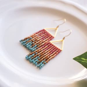 Evelyn Colorful Woven Geometrical Fringe Earrings 14K Gold-Filled Earwires Handwoven Slow-Made Boho Jewelry Unique Gift for Her Turquoise