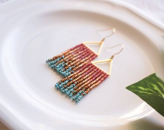 Evelyn | Colorful Woven Geometrical Fringe Earrings | 14K Gold-Filled Earwires | Handwoven Slow-Made Boho Jewelry | Unique Gift for Her