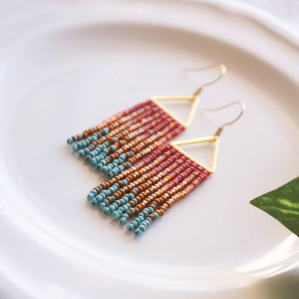 Evelyn | Colorful Woven Geometrical Fringe Earrings | 14K Gold-Filled Earwires | Handwoven Slow-Made Boho Jewelry | Unique Gift for Her