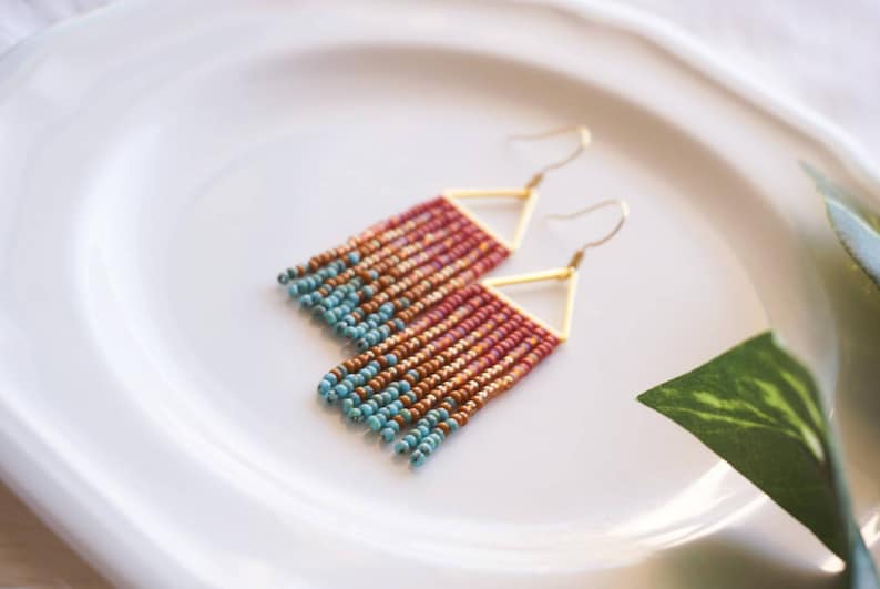 Evelyn Colorful Woven Geometrical Fringe Earrings 14K Gold-Filled Earwires Handwoven Slow-Made Boho Jewelry Unique Gift for Her Turquoise