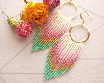 Bloom | White, Pink, Gold, and Teal Fringe Hoops | 14K Gold-Filled Earwires | Handwoven Slow-Made Boho Jewelry | Unique Gift for Her