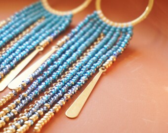 Fiona - Sky | Extra-Long Fringe Earrings | 14K Gold-Filled Earwires | Handwoven Slow-Made Boho Jewelry | Unique Gift for Her